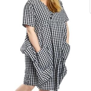 Dubgee by Whoopi Gingham Cocoon Dress w/ Pockets & Button Detail Navy & White 1X
